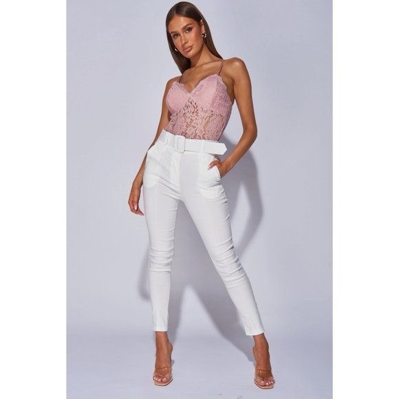 White High Waist Buckle Belt Tapered Cropped Straight Leg Ankle Pants - Picture 2 of 14
